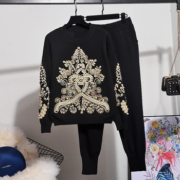 

High Quality Tracksuit 2pc Women Suit Embroidery Beading Pattern Knitted Pullover + Casual Trousers Female Loose Two Piece Set