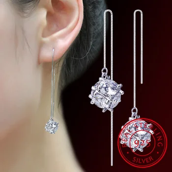 

925 Sterling Silver Square Cubic Sugar Cube Long Tassel Ear Line Drop Earrings For Women Oorbellen Brincos S-E294