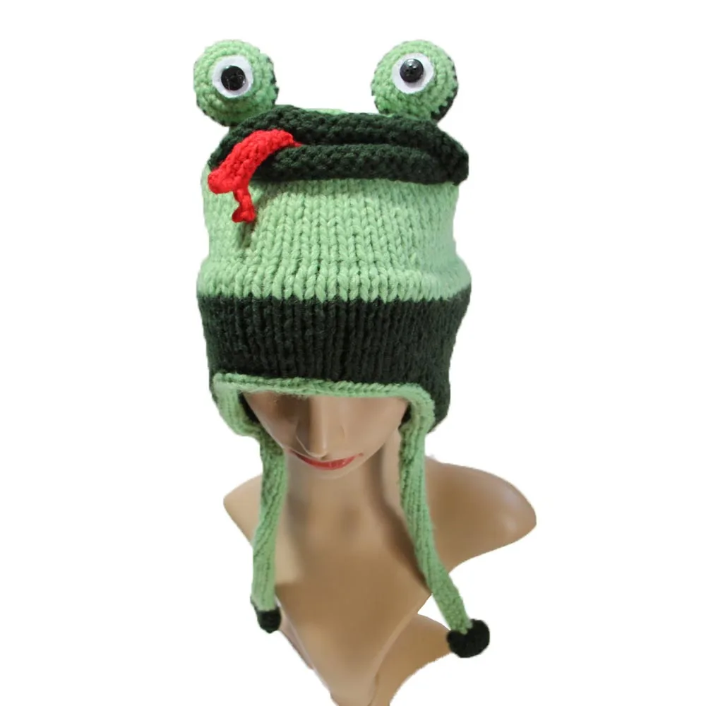 BomHCS/вязаные наушники с лягушкой, шапки, забавная зимняя вязаная шапка зеленого цвета, шапка с ушками ручной работы для детей 3-10 лет