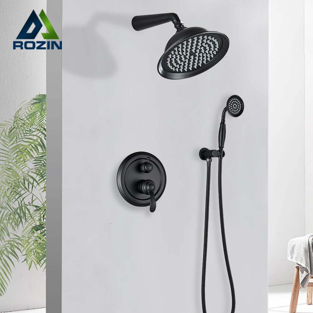 Rozin Wall Mounted Shower Faucets Black Embedded Box Bathroom Faucet Full Brass Rainfall Hot