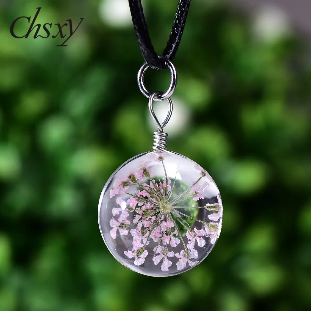 CHSXY красивый высушенный цветок колье хрустальный шар вишни сухие растения прозрачный кожаный веревочный браслет с подвеской ожерелье для женщин