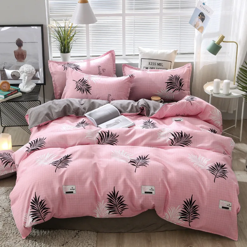 

ANNAs Good Stuff 2019 Leaves Print Bedding Set Imitate Pure Cotton Pink Duvet Cover Blue Solid Color Grey Bedsheet 4pcs King Bed