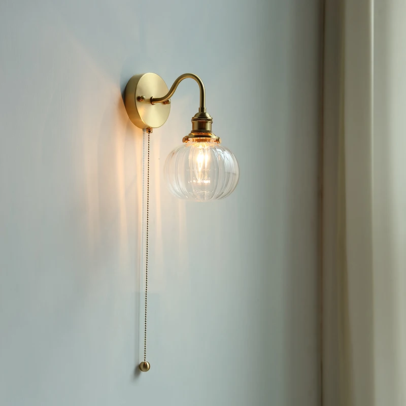 Nordic LED Bathroom Mirror Light Fixture Pull Chain Switch Home Lighting Copper Glass Wall Lamp Sconce