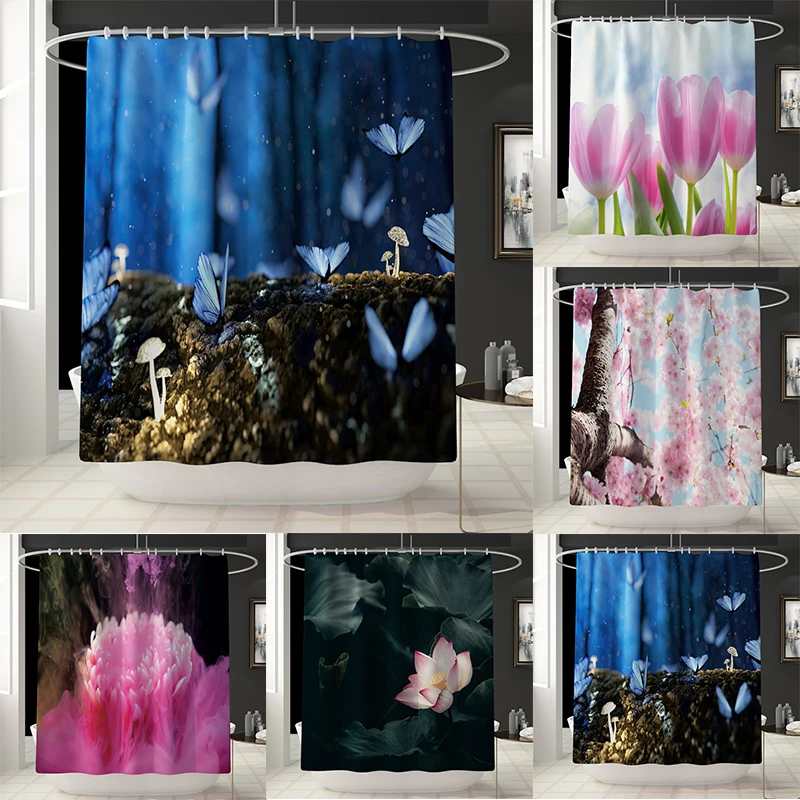 

Butterfly Shower Curtains Bath Screens Waterproof Curtains for Bathroom Decor Peony Tulip Lotus Flowers cortina de bano DW064