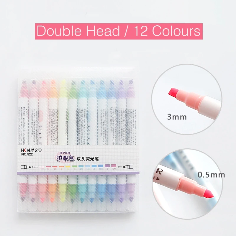 

12Pcs/set Double Head Highlighters Pen Watercolor Marker Brush Pens Pastel Markers Drawing Painting Stationary for School Office