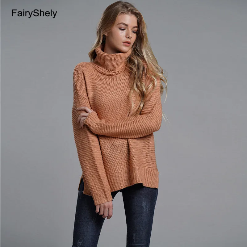 Осенне-зимний Повседневный вязаный свитер с высоким воротом для женщин, негабаритный Серый свободный теплые свитера, пуловеры, топы с длинными рукавами для женщин - Цвет: Розовый