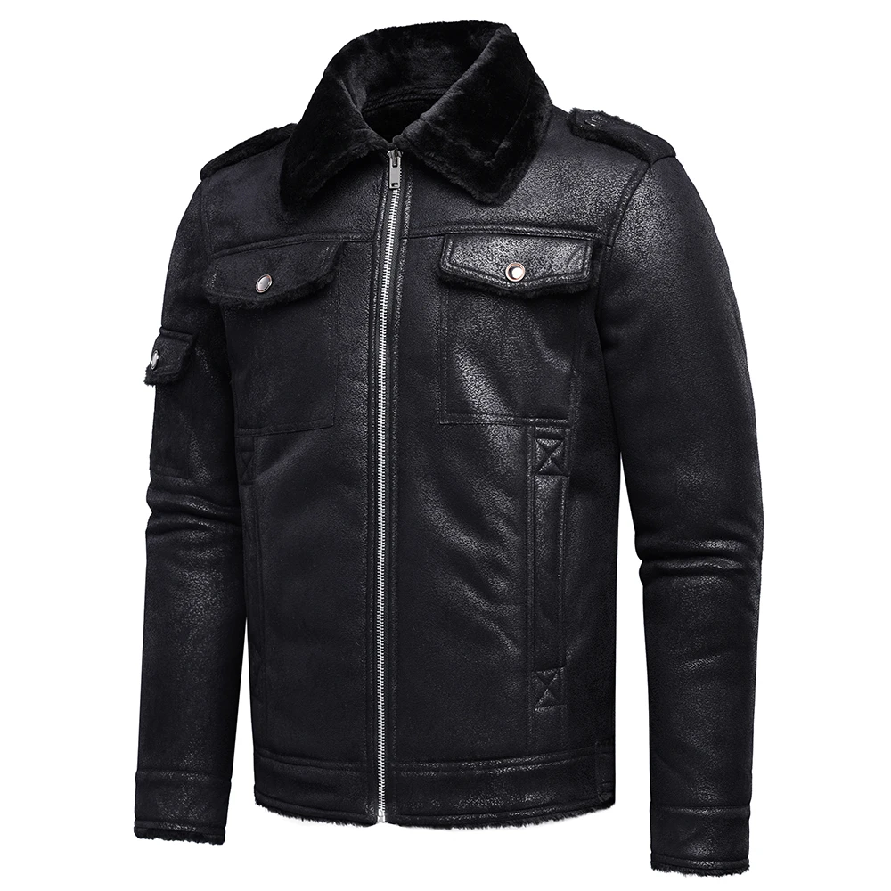 leather bomber Men Winter Autumn New Vintage Classic Pockets Thick Warm Fleece Leather Jacket Coat Men Casual Motor Faux Pu Leather Jacket 4XL mens leather jacket with hood