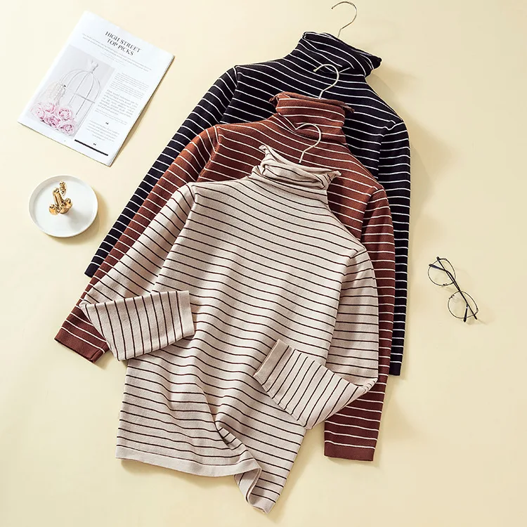 

Turtelneck Sweater for Women Striped Warm Pullover Casual O-neck Sweaters Long SleeveTops Pullovers Winter Lady Clothes 2020 NEW
