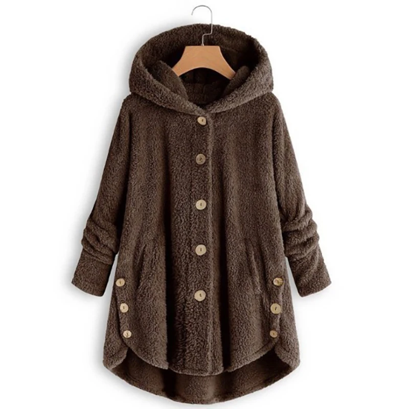 Women New Winter Plus Size S-5XL Button Coat Fluffy Tail Tops Hooded Pullover Loose Oversize Coats Warm Outwear for Fashion - Цвет: As The Picture Shows