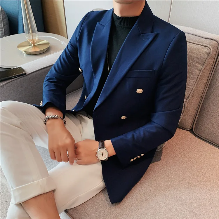 Top Quality Double Breasted Blazer Men Clothing Simple Autumn Winter Slim Fit Solid Suit Jackets And Coats Business Formal Wear