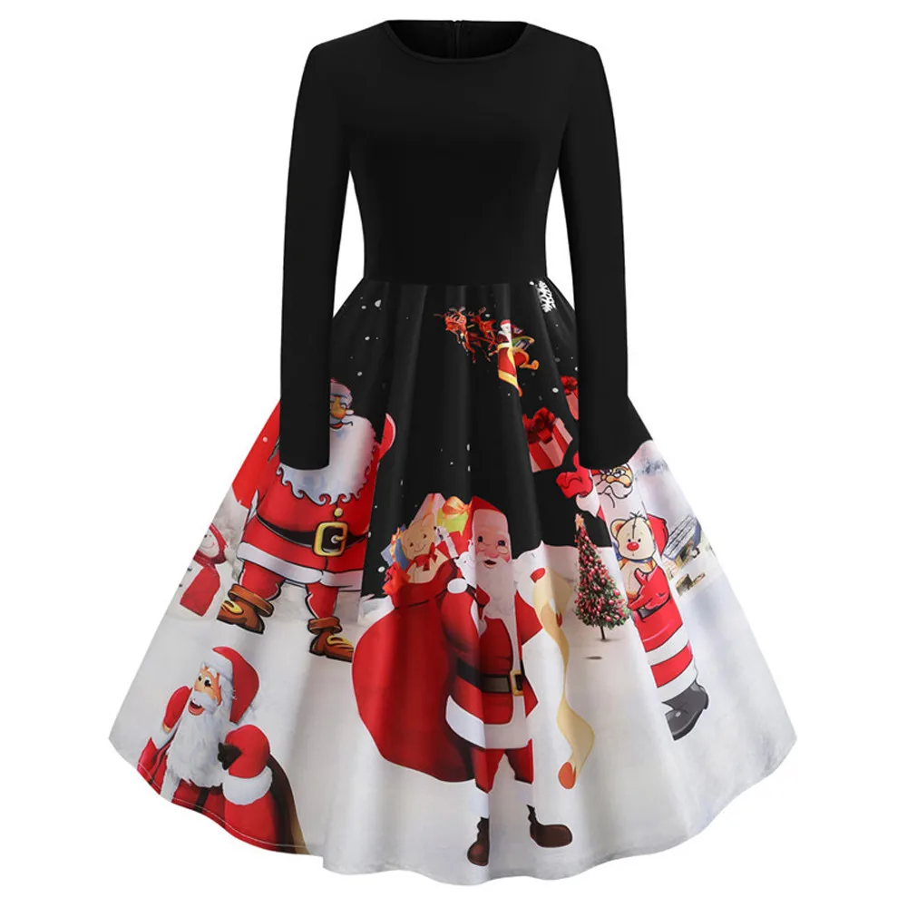 Женское рождественское платье с принтом музыкальной ноты, винтажные платья с длинными рукавами и круглым вырезом, зимнее платье sukienka - Цвет: D