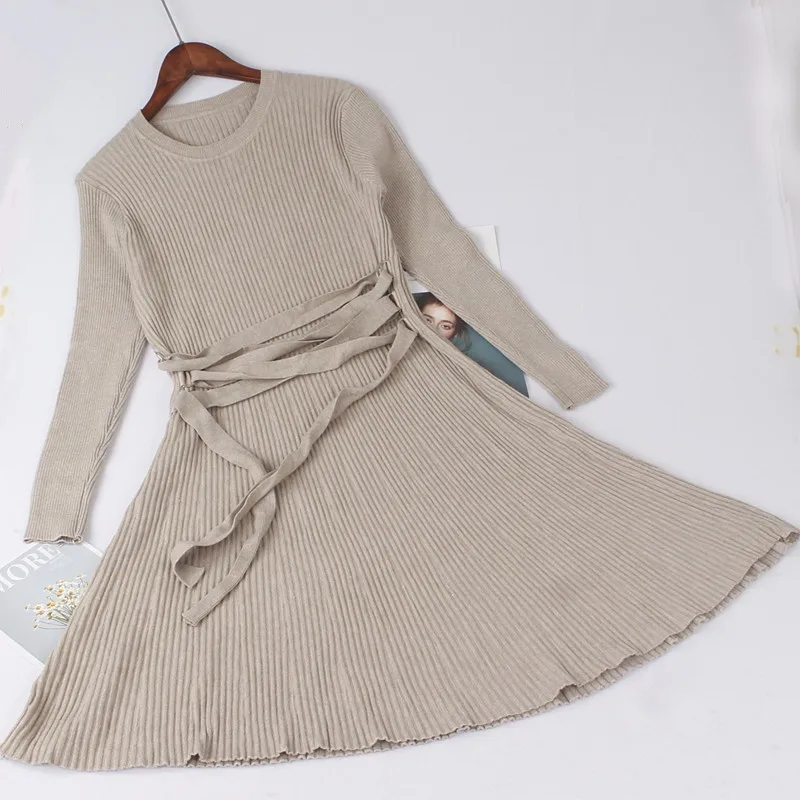 ONLYSVTER, толстый вязаный осенний зимний теплый женский свитер, платье А-лин, ребро, шнуровка, длинные женские платья