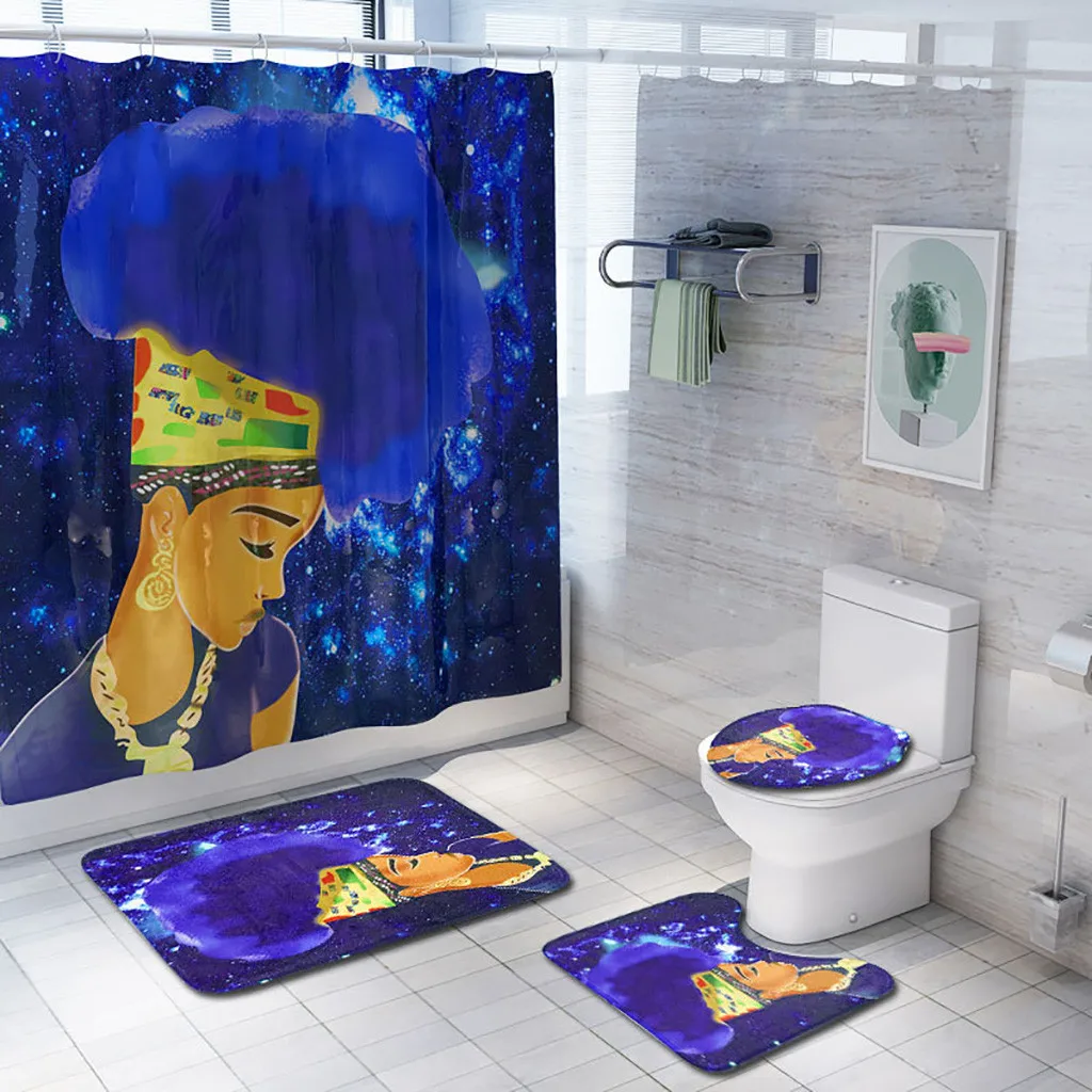 Ouneed 4PCS African explosion head Printd Bathroom Shower Curtains sets Non Slip waterproof Toilet Shower curtains Cover Mat set