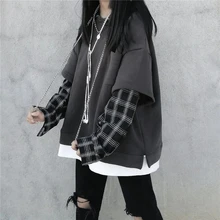 

Thin Section Plus Velvet Plaid Stitching Fake Two-Piece Thickened Sweater Girl Student Autumn Winter New Harajuku Style Top Coat