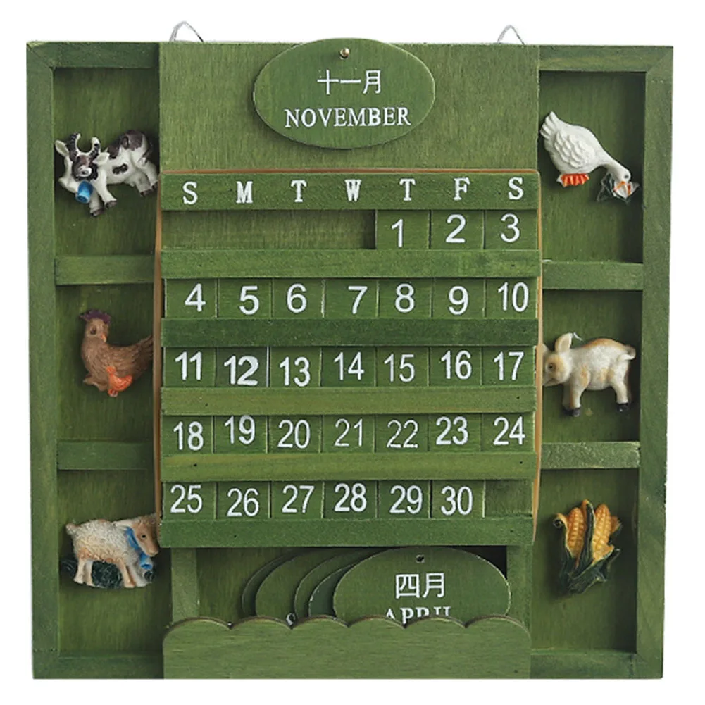 

Arts Craft Permanent Wood Calendar Vintage Reusable Home Office Animals Manual Decorative Hanging Practical Block Perpetual Wall