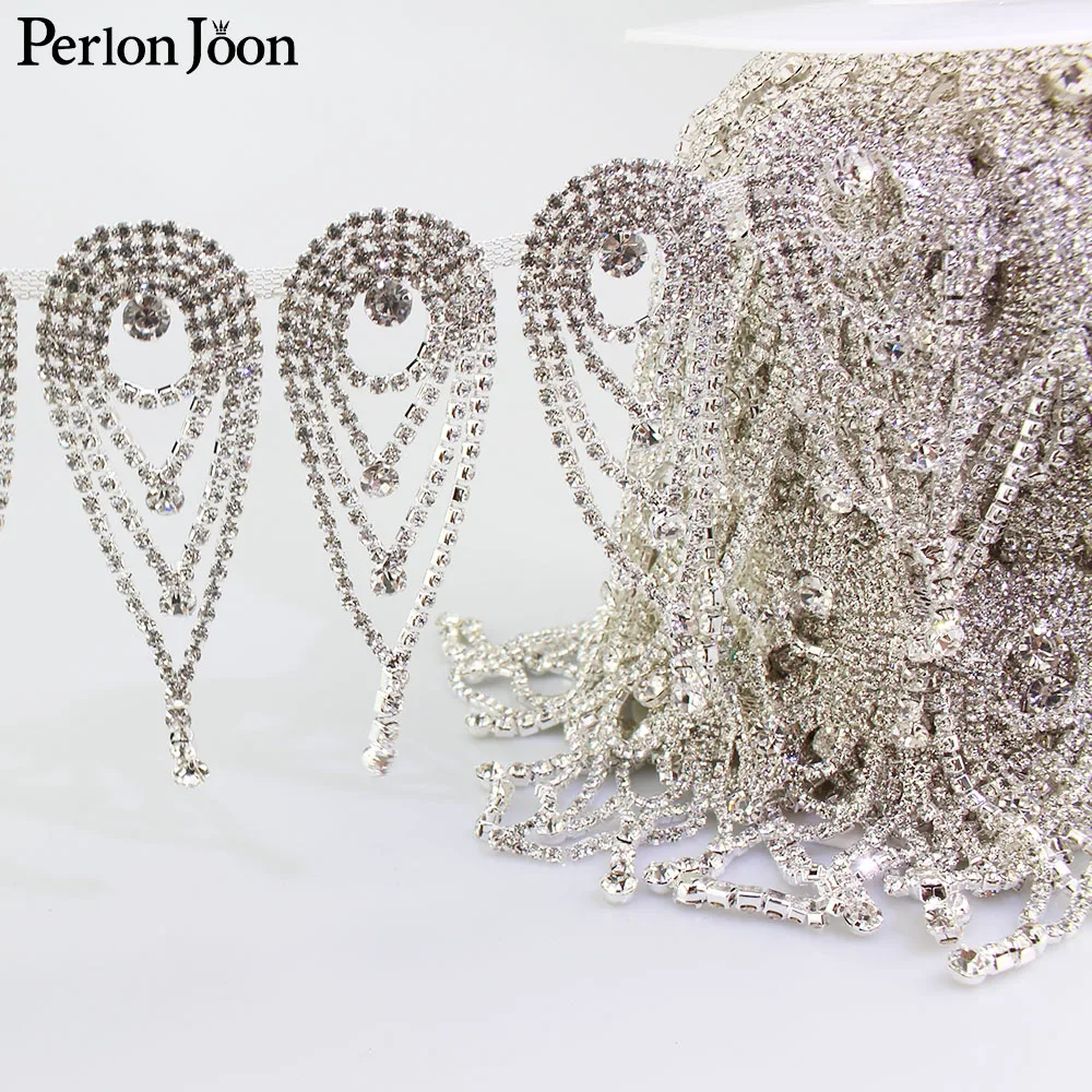 

1 yard Long tassel crystal array droplets rhinestone fringe trim silver crystal decorative chain clothing accessories ML076