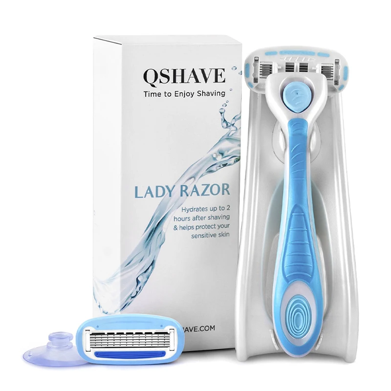 QSHAVE это Леди бритья 5-лезвие бритвы Для женщин бикини удаления волос лезвие Эпилятор Сделано в США, бритва + 2 картриджи + держатель + палки