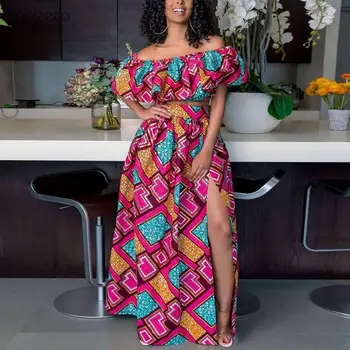

Fadzeco African Dresses For Women Dashiki Top and Skirt 1 Sets 2019 Floral Ankara Print Off Shoulder Sexy Gowns African Clothing