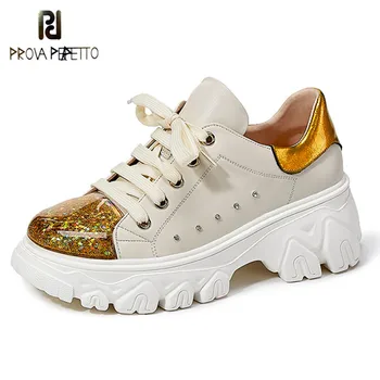 

Prova Perfetto 2020 New Yellow Round Toe Sneakers Women Genuine Leather Rivet Color Matching Shoes Women Running Sapato Feminino