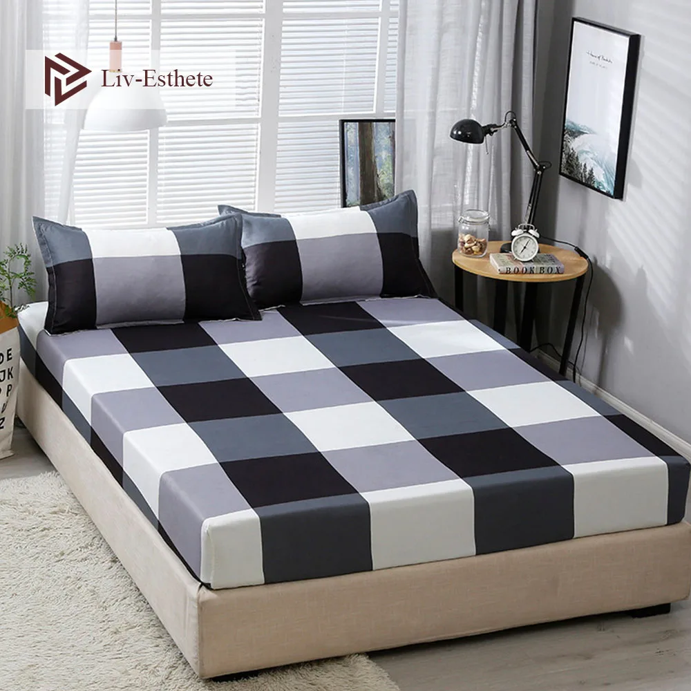 

Liv-Esthete Black White Grid Polyester Fitted Sheet With Pillowcase Soft Mattress Cover Bed Linen Bed Sheet On Elastic Band