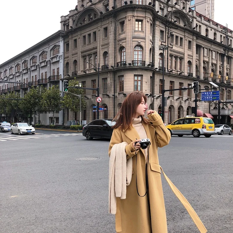 Г. Зимняя новая стильная модная шерстяная куртка выше колена в британском ретро-стиле с длинной талией шерстяное пальто Wom