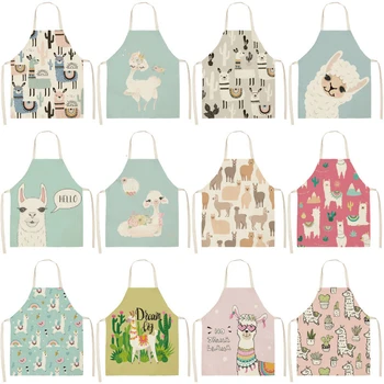 

Cute Alpaca Cactus PrintedCotton Linen Sleeveless Aprons Kitchen Women Pinafore Home Cooking Baking Waist Bib 53*65cm WQL0149