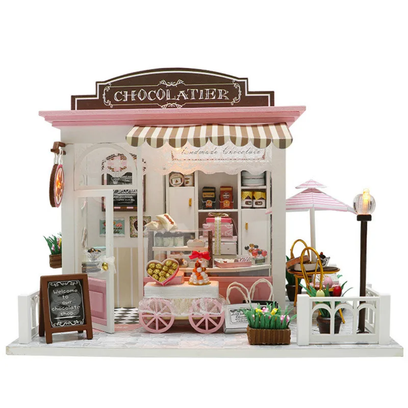 

DIY Model Doll House Time Coffee Miniature Dollhouse With Furnitures LED 3D House Toys For Children Gift Handmade Crafts