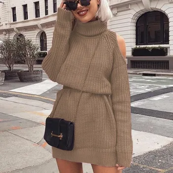 

2019 autumn and winter new European and American sweater women's long section high collar off-the-shoulder sweater dress