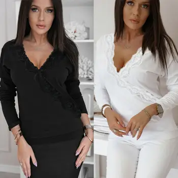 

New 2019 Sexy Ladies Lace V-Neck Casual Loose Long Sleeve Top Solid Color Autumn Female T-Shirt Plus Size