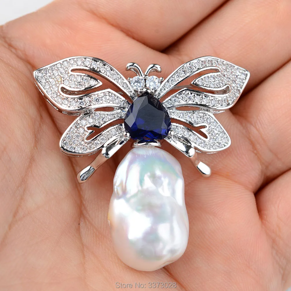 Women's Butterfly White Keshi Pearl Brooch
