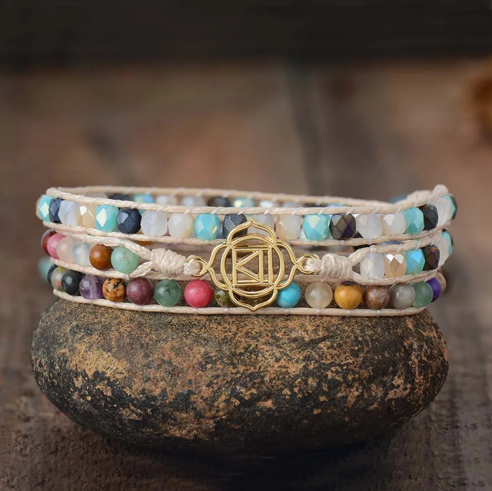 

Charm Bracelets Femme 4mm Natural Stone Gold Tone Reiki Symbol 3 Layers Bracelets riendship Yoga Bracelet