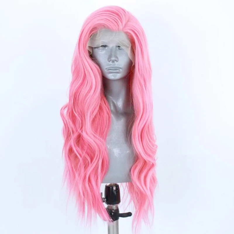 

RONGDUOYI Long Wavy Heat Resistant Fiber Synthetic Lace Front Wig Pink Hair Lace Cosplay Wigs for Women with Side Part