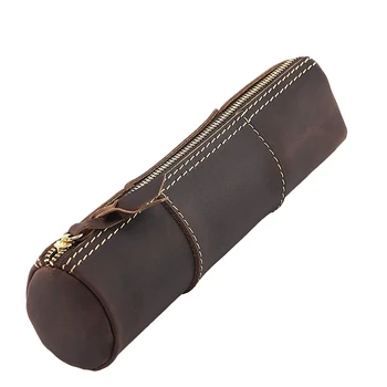 

Genuine Leather Zipper Pen Pencil Bag Handmade Vintage Retro Style Creative Trimodal Model School Stationery Product(Coffee)
