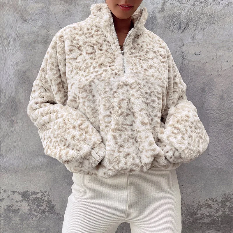 

Women Fashion Oversized Pullovers 2021 Long Sleeve Leopard Lamb Wool Velvet Sweatshirts Autumn Winter New Fashion Clothing