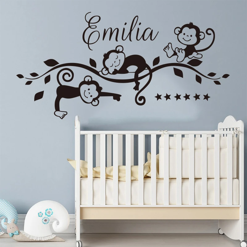 Customizable Cute Baby Monkey Vinyl Mural Wall Applique Art Stickers Home Decoration Wallpaper Children S Room Decorationdz0028 Decor Wallpaper Wallpaper For Kidswallpapers For Aliexpress