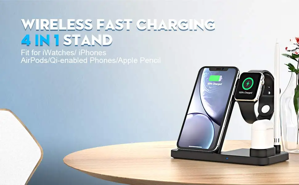 DCAE 4 in 1 Wireless Charger Qi 10W Fast Charging Stand for iPhone 11 X XS XR XS Max 8 Plus For Apple Watch 5 4 3 2 Airpods Pro
