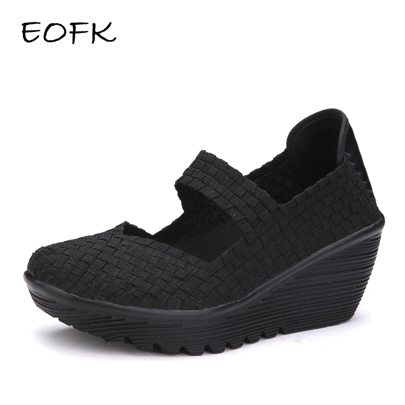 EOFK-mocasines tejidos a mano para mujer, zapatos de cuña hechos a mano, de nailon, sin cordones, con plataforma informal, talla grande 42, novedad de verano