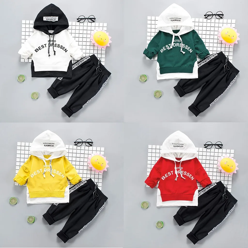 Baby Kids Boys Long Sleeve Letter Printed Hoodie Tops Sweatshirts+Pants Outfit Fashion Hooded Collar Christmas Clothes W1205