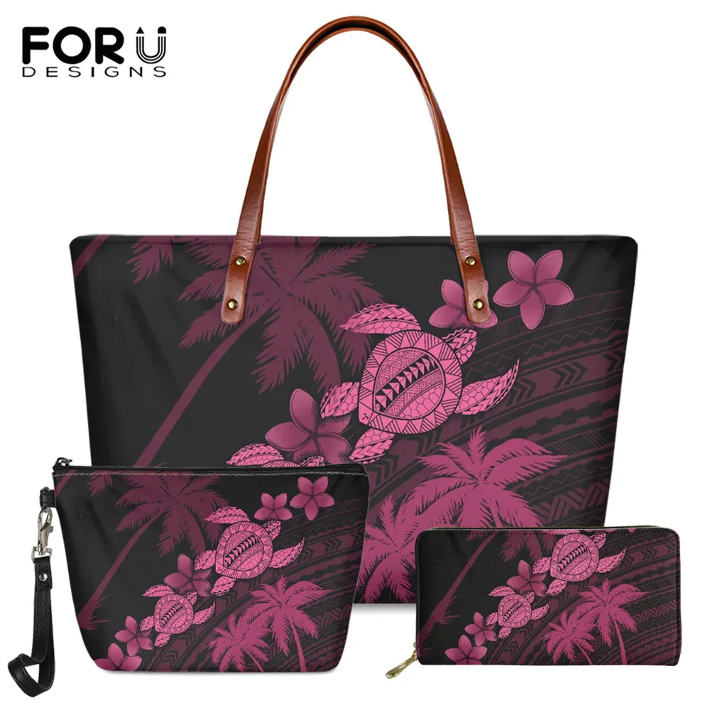 

FORUDESIGNS 3pcs Luxury Handbag For Women Hawaii Turtle Hibiscus Polynesian Tribal Brand Designer Ladies Long PU Purse Tote Bags