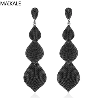 MAIKALE Hot Sale Alloy Leaf-Shaped Long Drop Earrings BlACK Color Simple Tandem Fashion Korean Earrings For Women To Friend Gift