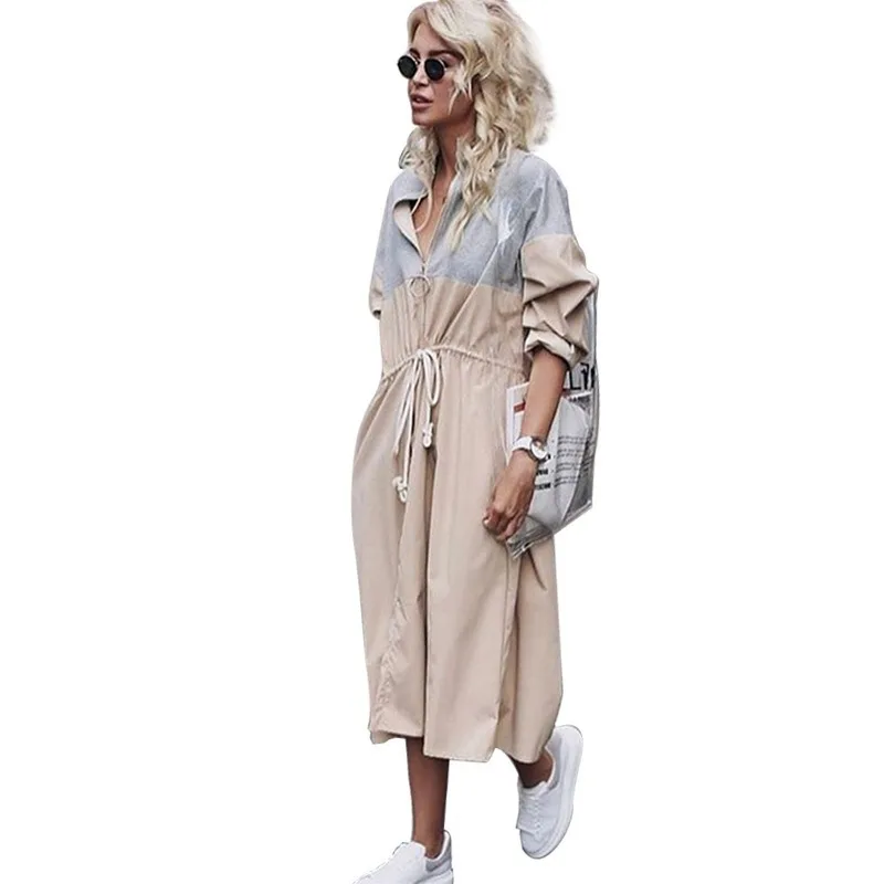

Coat Women Fashion Girl Streetwear V-Neck Spliced Europe and America 2019 Autumn and Winter New Windbreaker Adjustable Waist