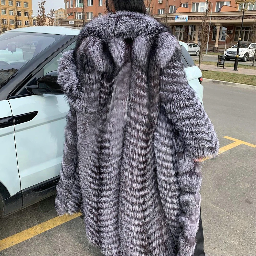 Fashion X-long Real Silver Fox Fur Coat with Big Turn-down Collar Winter Women High Quality Genuine Silver Fox Fur Coats Female
