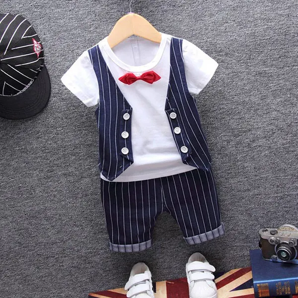 Официальная одежда для маленьких мальчиков, топ в полоску для дня рождения и свадьбы+ шорты, комплект летней одежды для новорожденных мальчиков, комплекты верхней одежды - Цвет: Navy Blue baby set