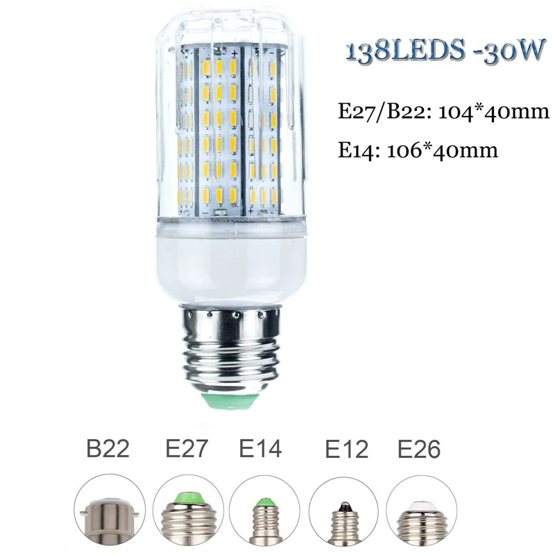Светодиодный Светодиодная лампа-кукуруза E26 E27 E12 E14 мощностью 10 Вт, 20 Вт, 25 Вт 30 Вт 4014 SMD светильник лампа AC 110V 220V 36 72 96 138 светодиодный s заменить галогенные лампы в форме свечи ампулы