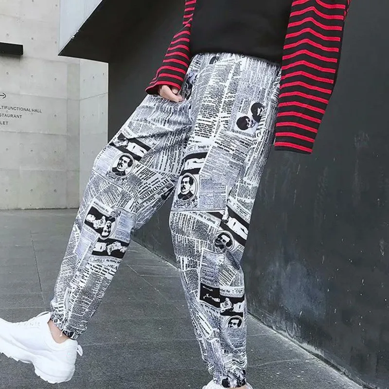 

2020 Fashion Elastic Drawstring Waist Hip Hop Pants Chic Newspaper Printed Harem Trousers Loose Pants