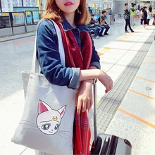 Большая емкость холщовые сумки-шопперы для женщин Женская Повседневная сумка на плечо с мультяшным рисунком складная сумка для покупок пляжная сумка из хлопковой ткани женская