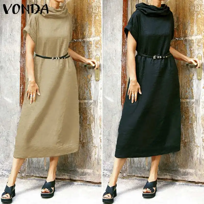 VONDA, женское платье, повседневное, короткий рукав, водолазка, платье размера плюс, свободный сарафан, лето, богемное платье для женщин, Vestidos S-5XL