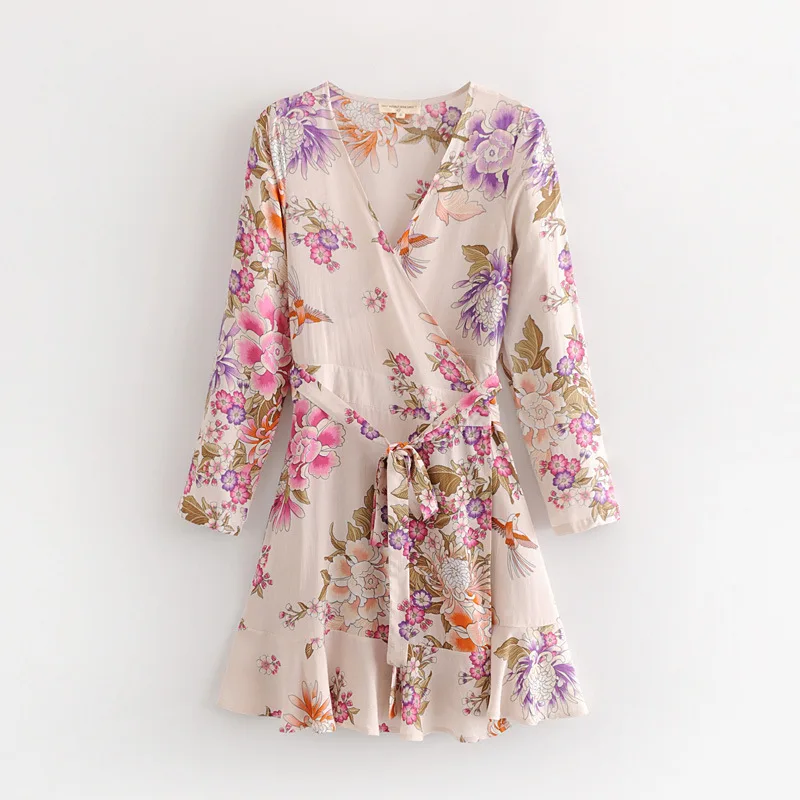 

2018 Western Style Spring And Summer WOMEN'S Dress New Style Bohemian Flowers And Birds Printed Wrap-Style Bandage Cloth Fan Dre