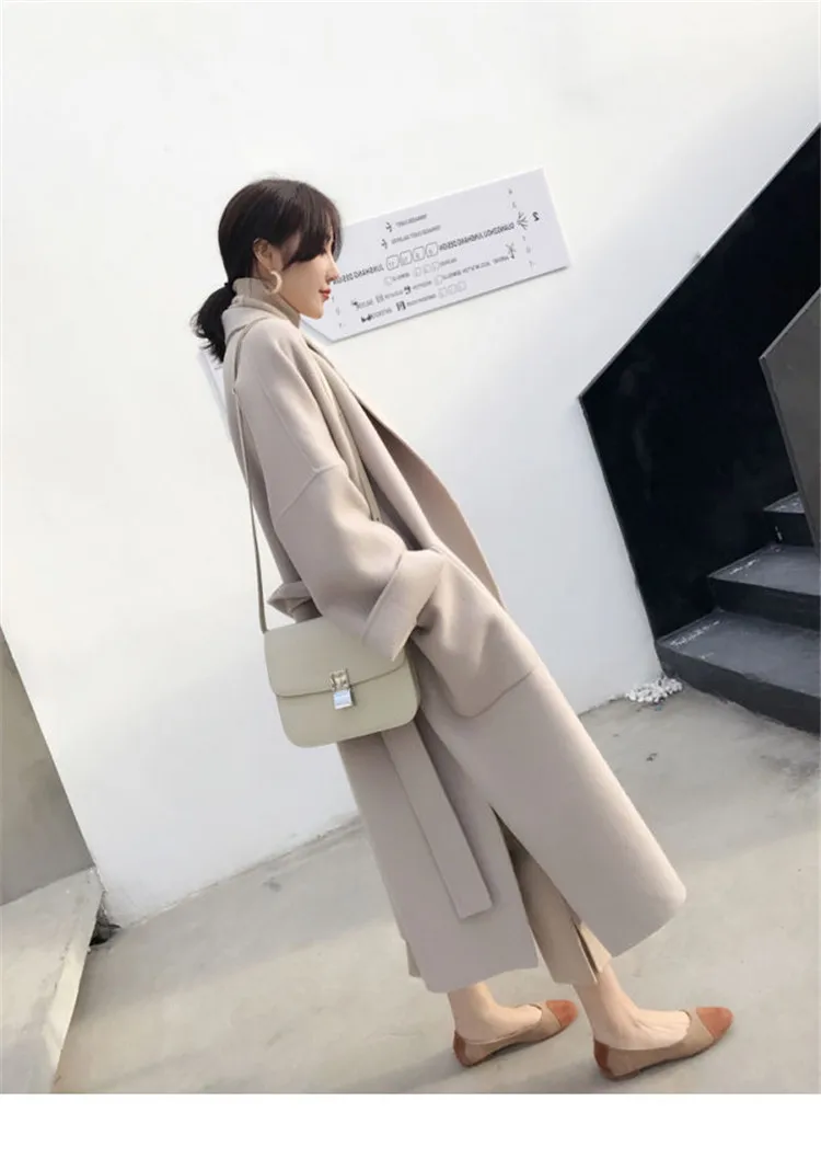 Elegant Loose Long wool Coat Winter Coat Women Belted Solid Coat Fashion Ladies Jacket High Quality Korean Female Black Coat