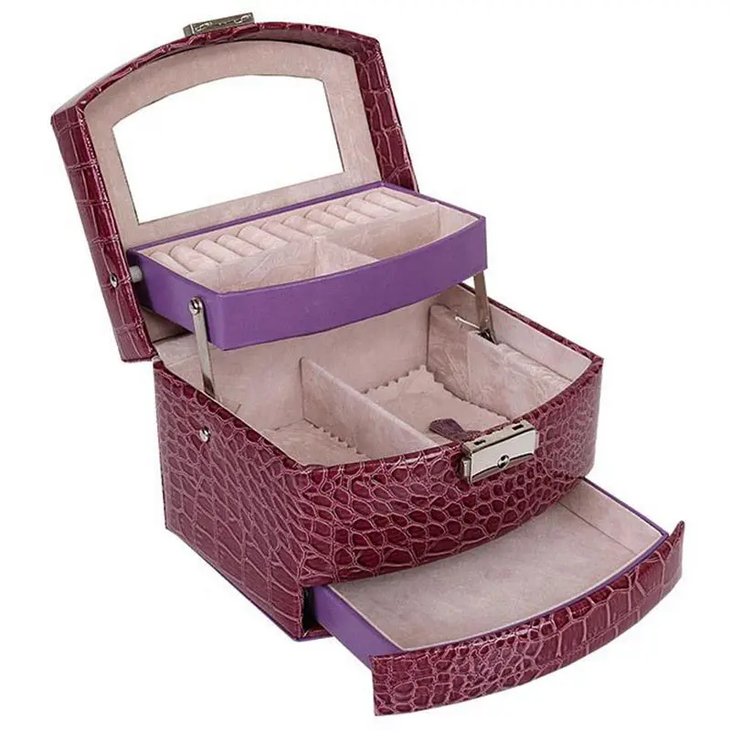 Автоматическая кожаная шкатулка для ювелирных изделий, трехслойная коробка для хранения для женщин, кольцо для сережек, косметический Органайзер, шкатулка для украшений - Цвет: Purple